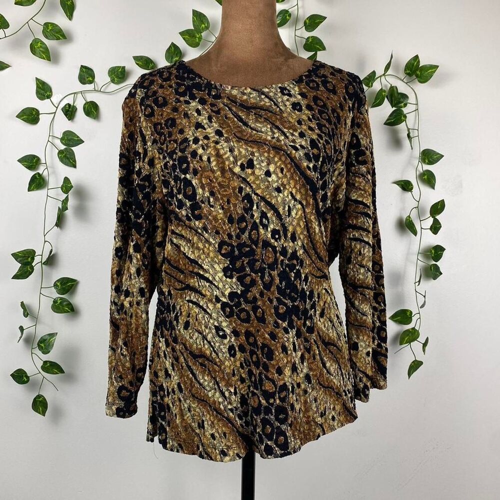Notations black and gold animal print long sleeve blouse velvet burnout glam